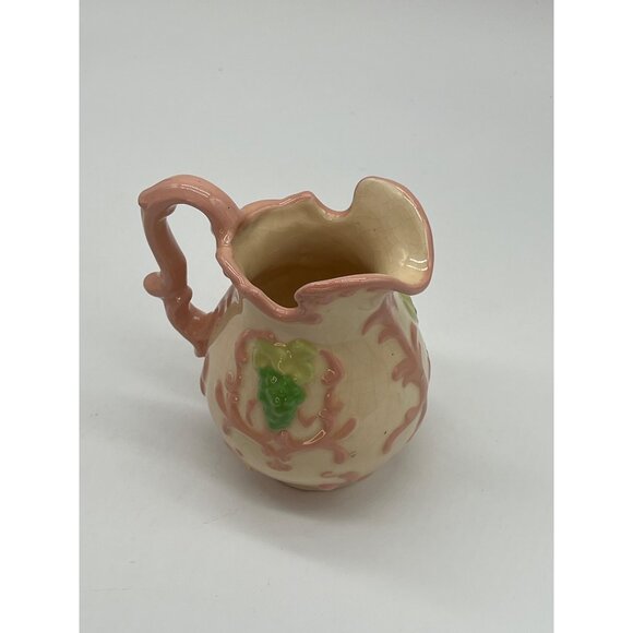Small Vintage Hand-Painted Ewer/Pitcher Cream, Pink & Green Raised Design w/Hand - Picture 4 of 5